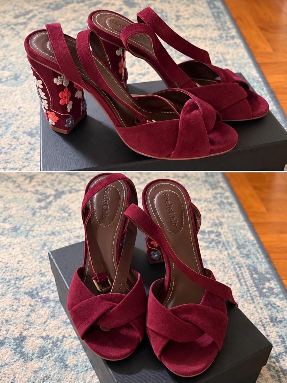 Chloe Burgundy Suede Embroidered Block Heel Sandals